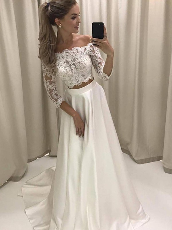 A-Line/Princess 3/4 Sleeves Off-the-Shoulder Court Train Applique Satin Wedding Dresses 607