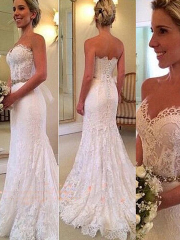 Trumpet/Mermaid Sleeveless Sweetheart Sweep/Brush Train Applique Lace Wedding Dresses 1659