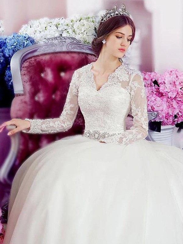 A-Line/Princess Long Sleeves V-neck Cathedral Train Applique Lace Tulle Wedding Dresses 754