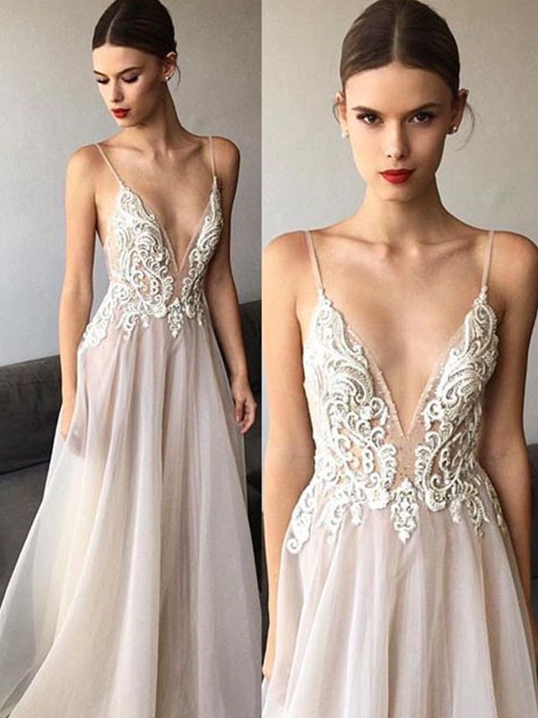 A-Line/Princess Sleeveless V-neck Sweep/Brush Train Spaghetti Straps Lace Organza Wedding Dresses 917