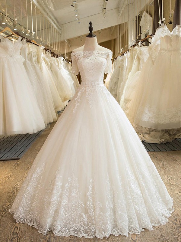 Ball Gown 1/2 Sleeves Off-the-Shoulder Floor-Length Applique Lace Tulle Wedding Dresses 1168