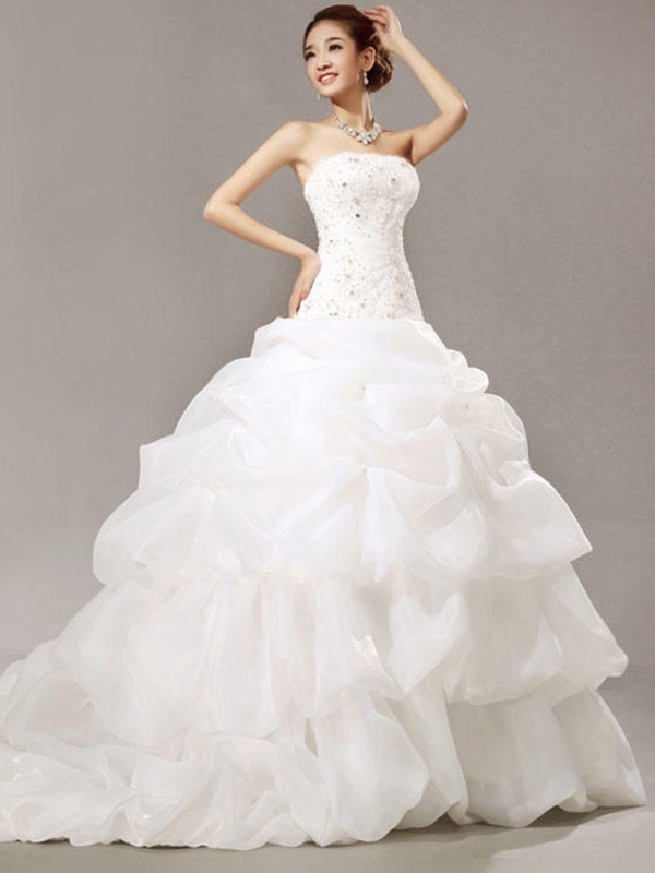 Ball Gown Sleeveless Strapless Cathedral Train Beading Lace Pleats Organza Wedding Dresses 1254