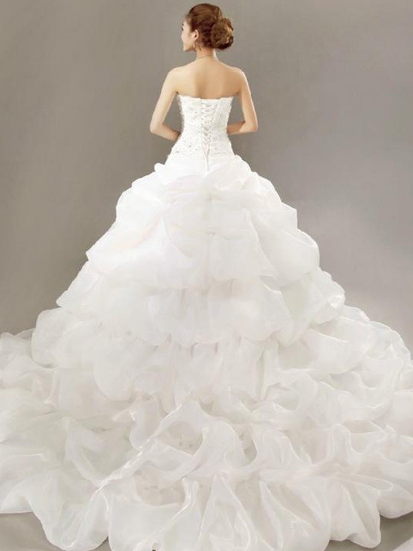 Ball Gown Sleeveless Strapless Cathedral Train Beading Lace Pleats Organza Wedding Dresses 1254