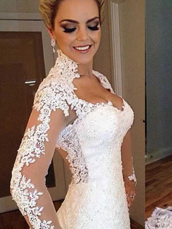 Trumpet/Mermaid Long Sleeves V-neck Sweep/Brush Train Applique Lace Wedding Dresses 1598