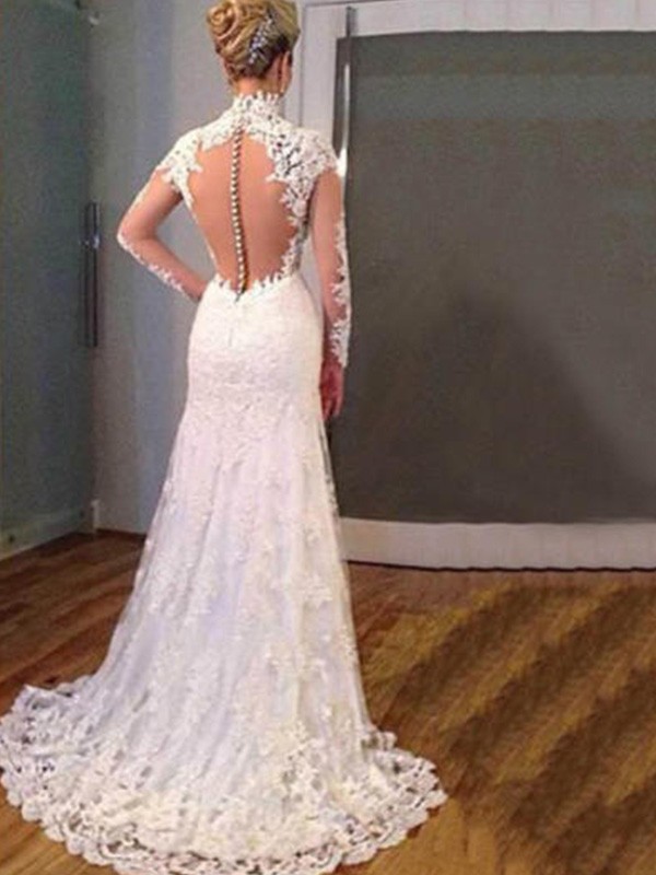 Trumpet/Mermaid Long Sleeves V-neck Sweep/Brush Train Applique Lace Wedding Dresses 1598