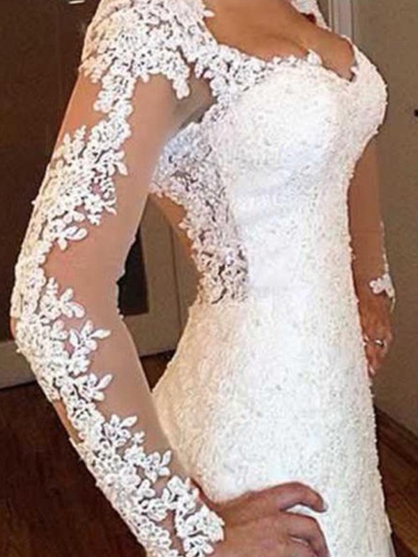 Trumpet/Mermaid Long Sleeves V-neck Sweep/Brush Train Applique Lace Wedding Dresses 1598