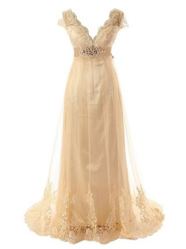 A-Line/Princess Short Sleeves V-neck Sweep/Brush Train Beading Lace Tulle Wedding Dresses 891