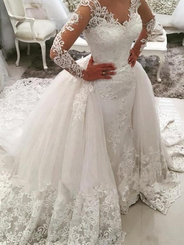 Ball Gown V-neck Long Sleeves Cathedral Train Applique Lace Tulle Wedding Dresses 1326