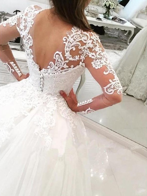 Ball Gown V-neck Long Sleeves Cathedral Train Applique Lace Tulle Wedding Dresses 1326