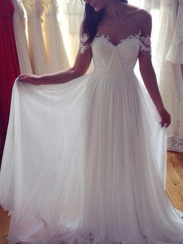 A-Line/Princess Sleeveless Off-the-Shoulder Sweep/Brush Train Applique Lace Chiffon Wedding Dresses 895