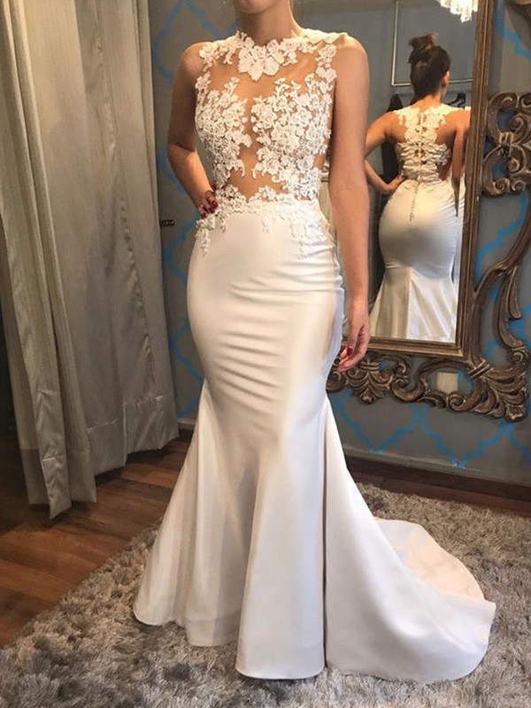 Trumpet/Mermaid Sleeveless Scoop Court Train Applique Satin Wedding Dresses 1647