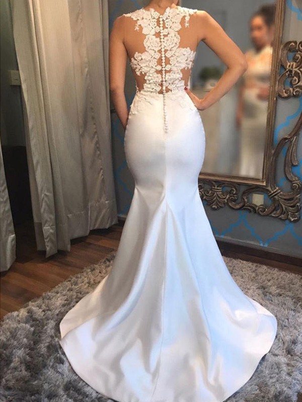 Trumpet/Mermaid Sleeveless Scoop Court Train Applique Satin Wedding Dresses 1647