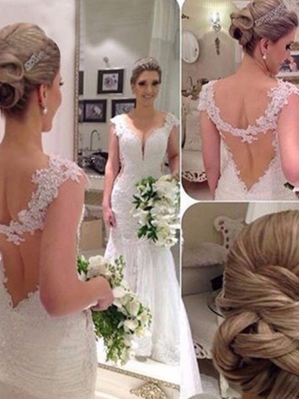 Trumpet/Mermaid Sleeveless V-neck Sweep/Brush Train Applique Lace Tulle Wedding Dresses 1663