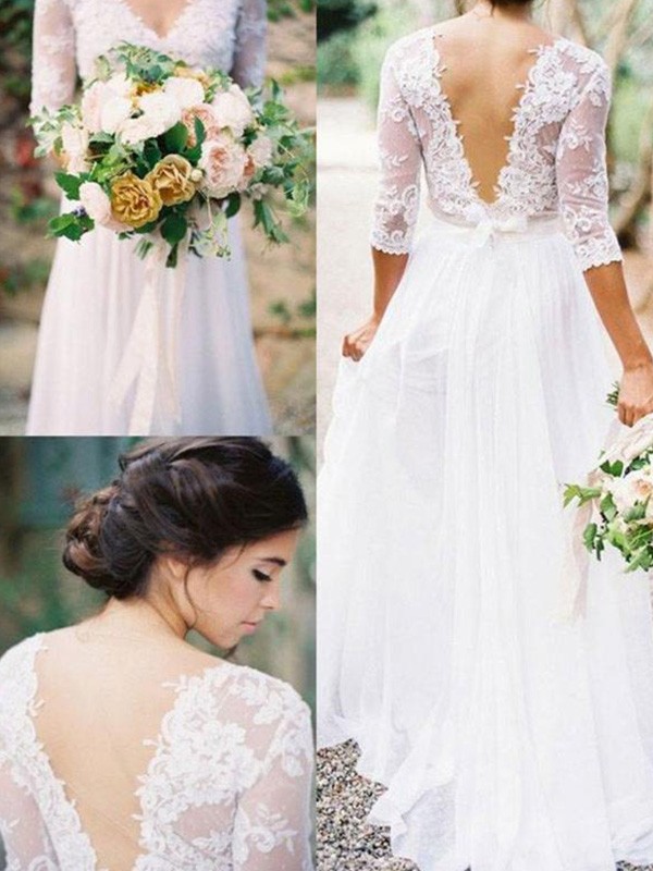 A-Line/Princess 1/2 Sleeves V-neck Floor-Length Applique Lace Chiffon Wedding Dresses 606