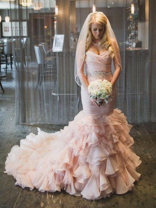 Trumpet/Mermaid Sleeveless Sweetheart Court Train Ruffles Organza Wedding Dresses 1656