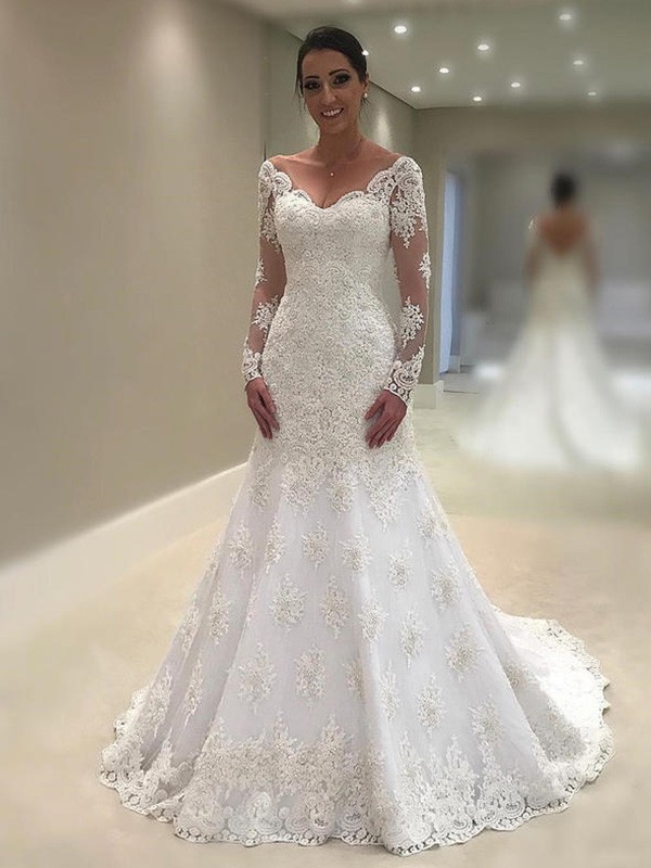 Trumpet/Mermaid Long Sleeves V-neck Court Train Applique Lace Wedding Dresses 1596