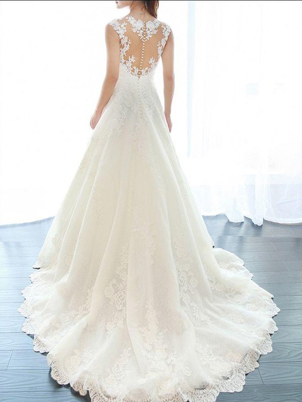 A-Line/Princess Sleeveless V-neck Court Train Applique Lace Wedding Dresses 912