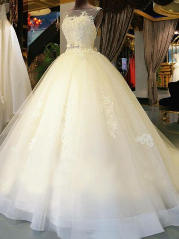 Ball Gown Sleeveless Off-the-Shoulder Sweep/Brush Train Sash/Ribbon/Belt Beading Applique Lace Wedding Dresses 1249