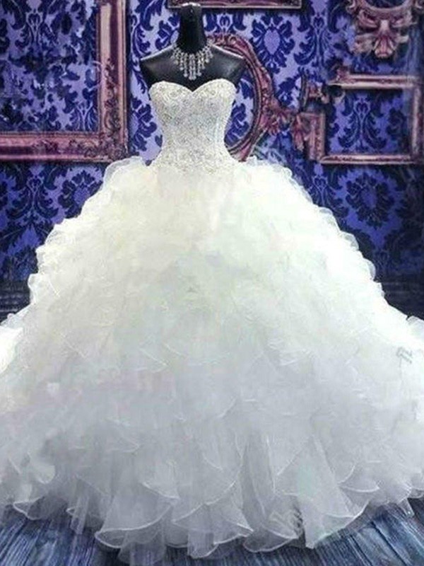 Ball Gown Sleeveless Sweetheart Chapel Train Beading Sequin Organza Wedding Dresses 1257