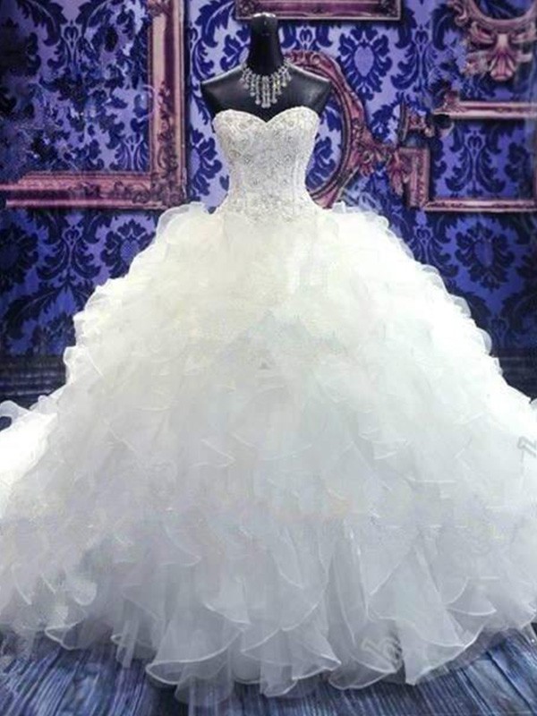 Ball Gown Sleeveless Sweetheart Chapel Train Beading Sequin Organza Wedding Dresses 1257