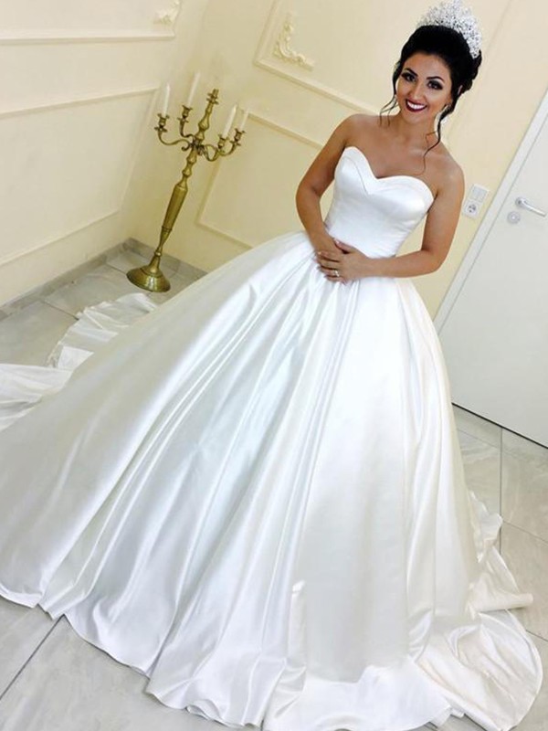 Ball Gown Sweetheart Satin Sleeveless Sash/Ribbon/Belt Cathedral Train Wedding Dresses 1282