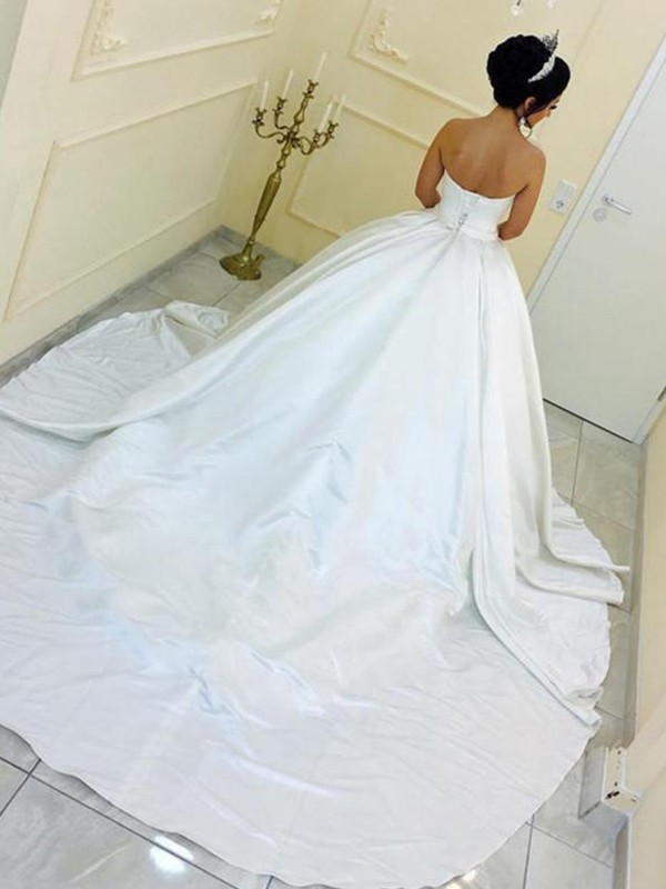 Ball Gown Sweetheart Satin Sleeveless Sash/Ribbon/Belt Cathedral Train Wedding Dresses 1282