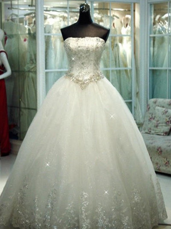 Ball Gown Strapless Beading Tulle Sleeveless Floor-Length Wedding Dresses 1266