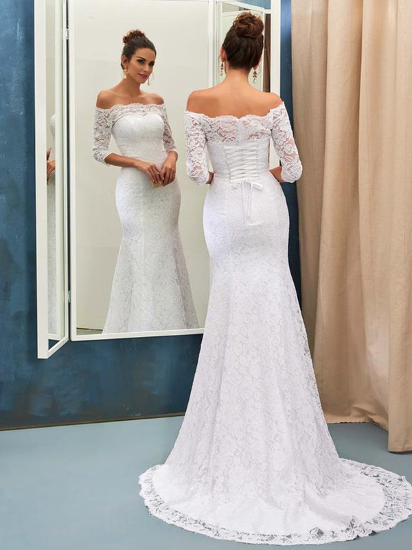 Trumpet/Mermaid Off-the-Shoulder 1/2 Sleeves Lace Sweep/Brush Train Wedding Dresses 1599