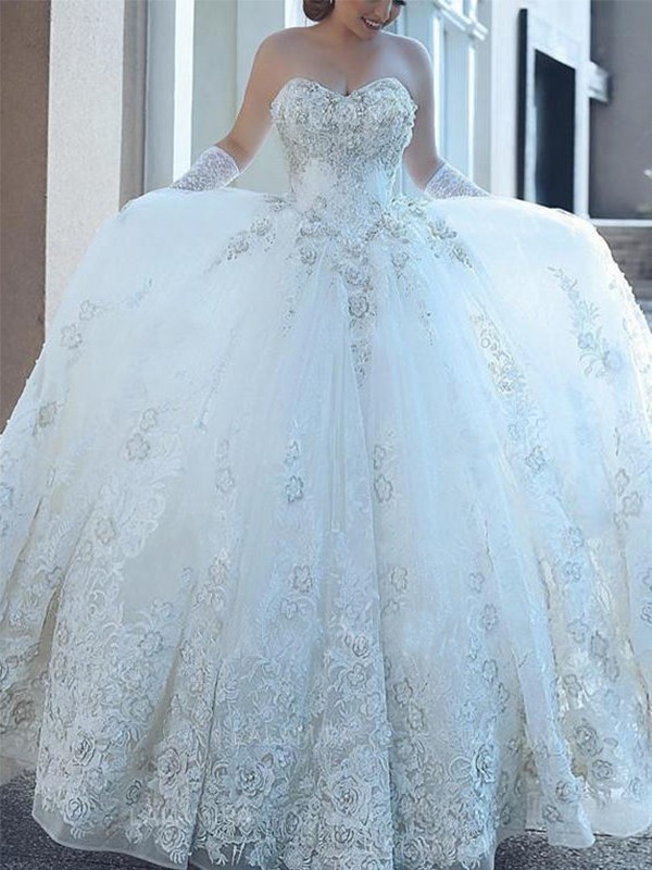 Ball Gown Sweetheart Applique Tulle Sleeveless Cathedral Train Wedding Dresses 1274