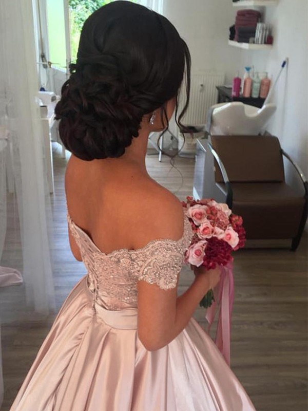 Ball Gown Sleeveless Off-the-Shoulder Satin Ruffles Cathedral Train Wedding Dresses 1248