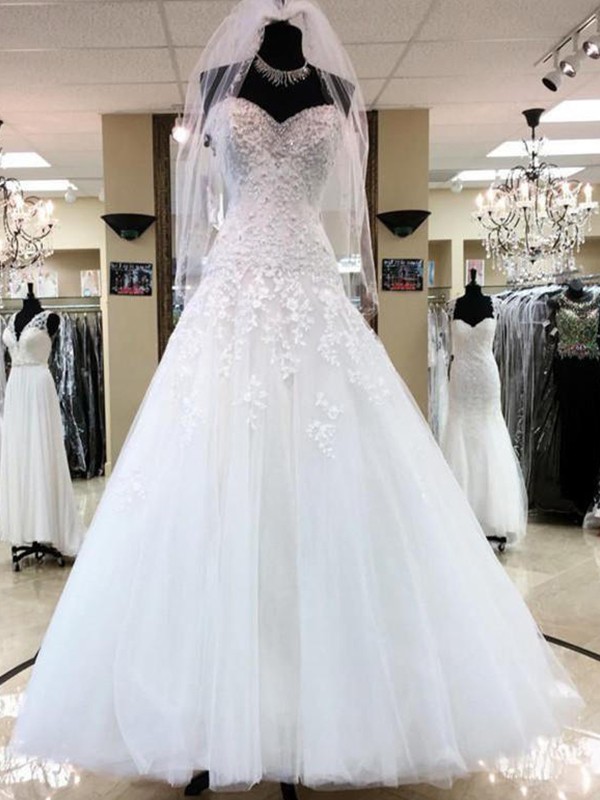 Ball Gown Sleeveless Sweetheart Applique Tulle Floor-Length Wedding Dresses 1255