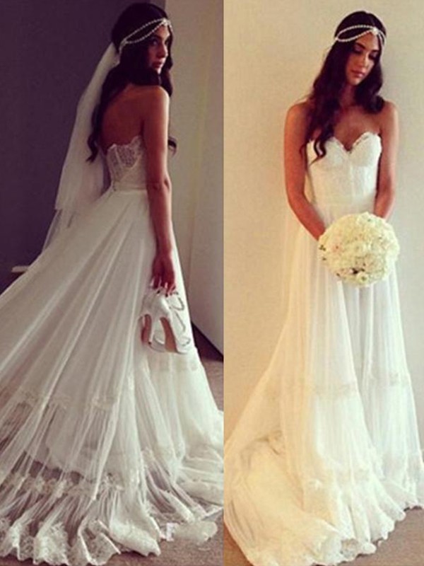 A-Line/Princess Sweetheart Sleeveless Tulle Lace Court Train Wedding Dresses 968