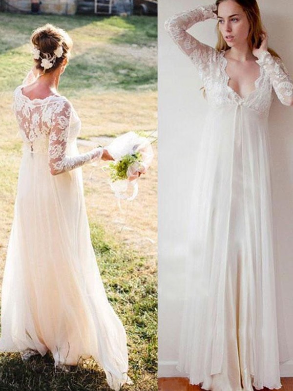 Empire V-neck Chiffon Lace Long Sleeves Floor-Length Wedding Dresses 1344