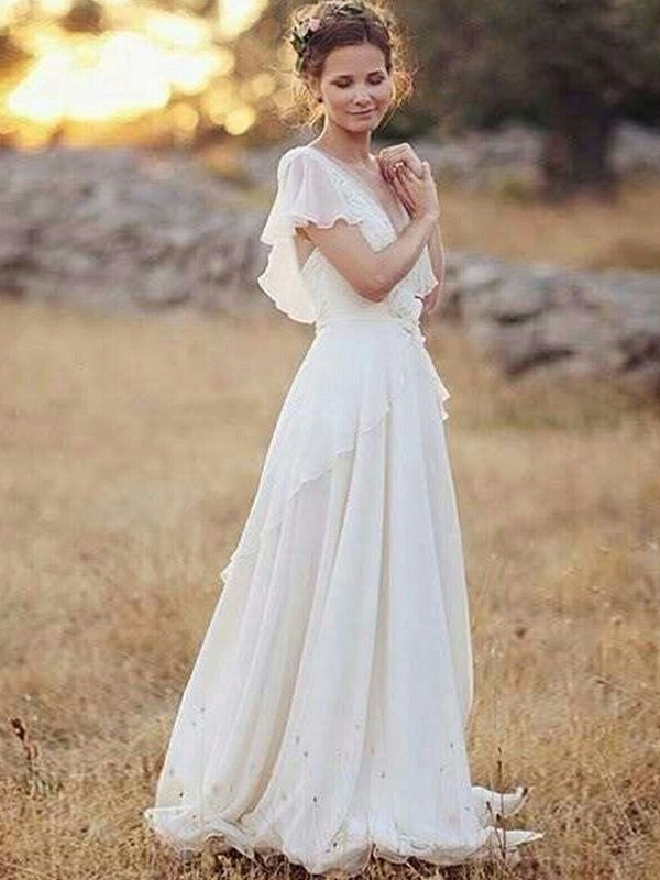 A-Line/Princess Chiffon V-neck Ruched Short Sleeves Floor-Length Wedding Dresses 683