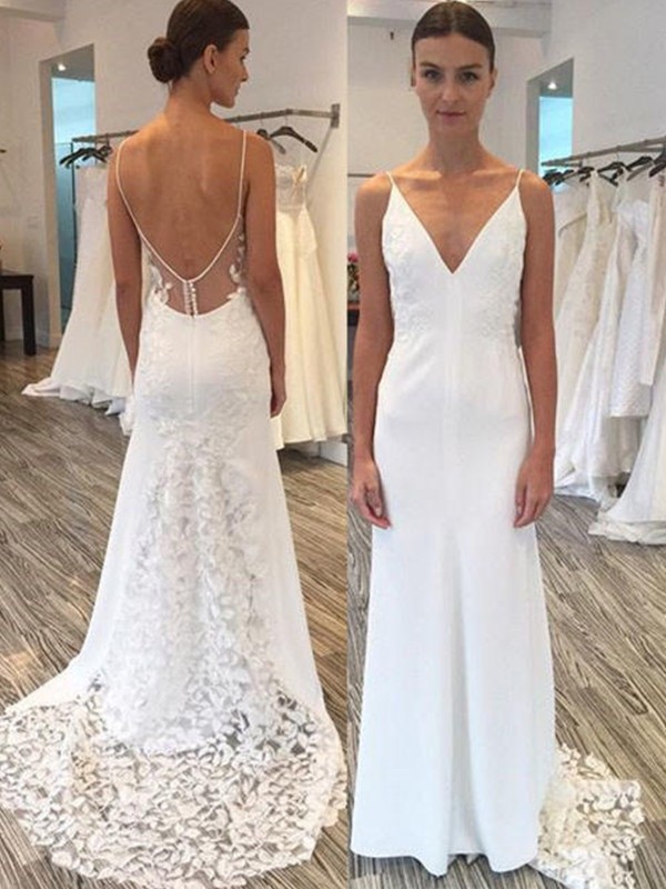 Sheath/Column Satin Lace Spaghetti Straps Sleeveless Sweep/Brush Train Wedding Dresses 1411