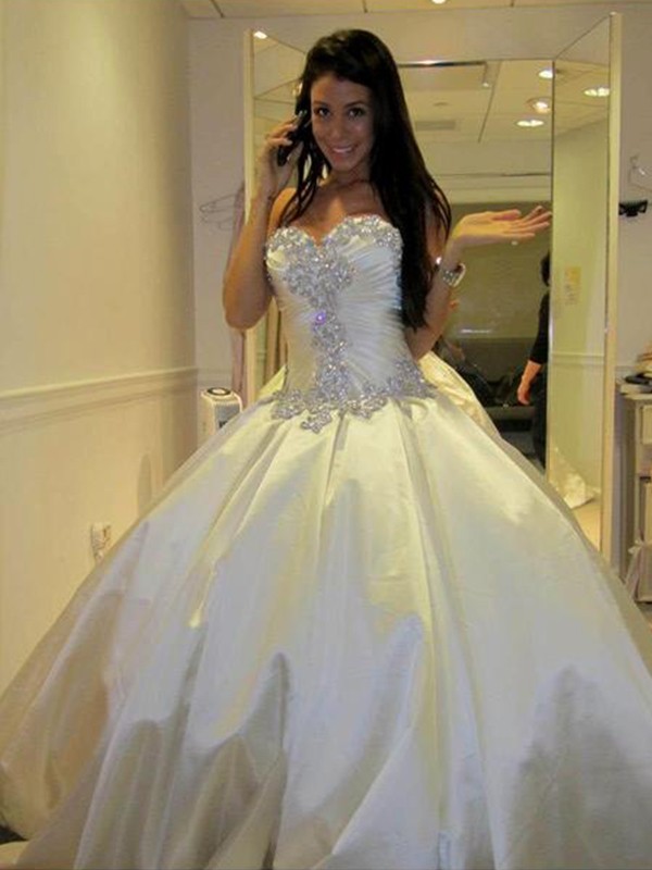 Ball Gown Satin Sweetheart Ruffles Sleeveless Cathedral Train Wedding Dresses 1233