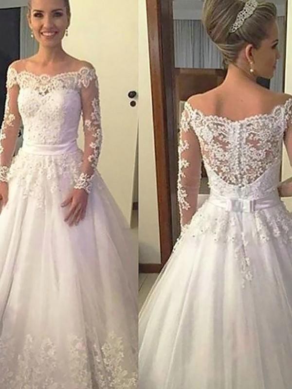 Ball Gown Tulle Applique Off-the-Shoulder Long Sleeves Court Train Wedding Dresses 1293