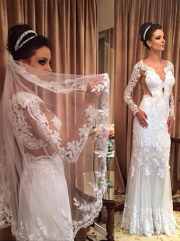 Sheath/Column V-neck Tulle Applique Long Sleeves Sweep/Brush Train Wedding Dresses 1542