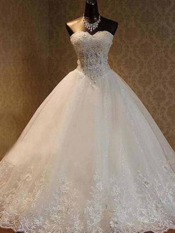 Ball Gown Tulle Beading Sweetheart Sleeveless Floor-Length Wedding Dresses 1303