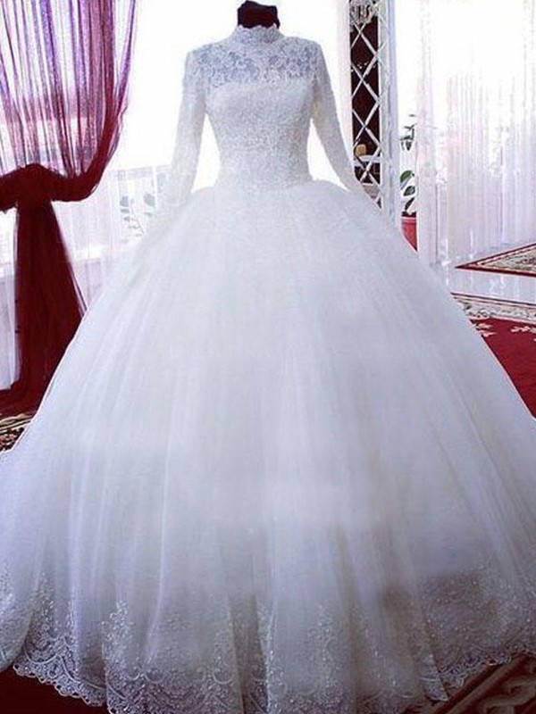 Ball Gown Lace Tulle High Neck Long Sleeves Chapel Train Wedding Dresses 1192