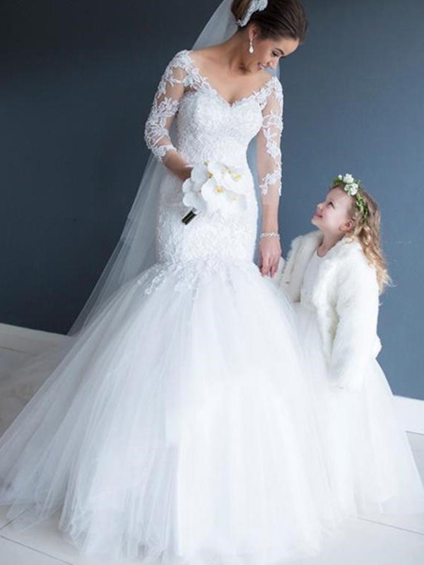 Trumpet/Mermaid V-neck Tulle Lace 3/4 Sleeves Court Train Wedding Dresses 1758