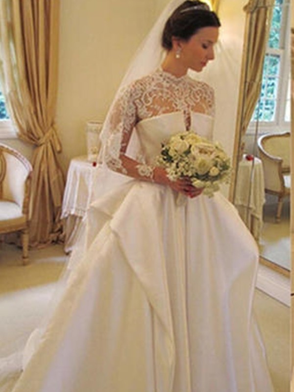 Ball Gown Satin Lace High Neck Long Sleeves Chapel Train Wedding Dresses 1223