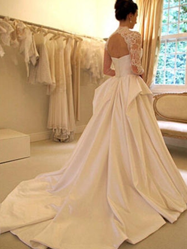 Ball Gown Satin Lace High Neck Long Sleeves Chapel Train Wedding Dresses 1223