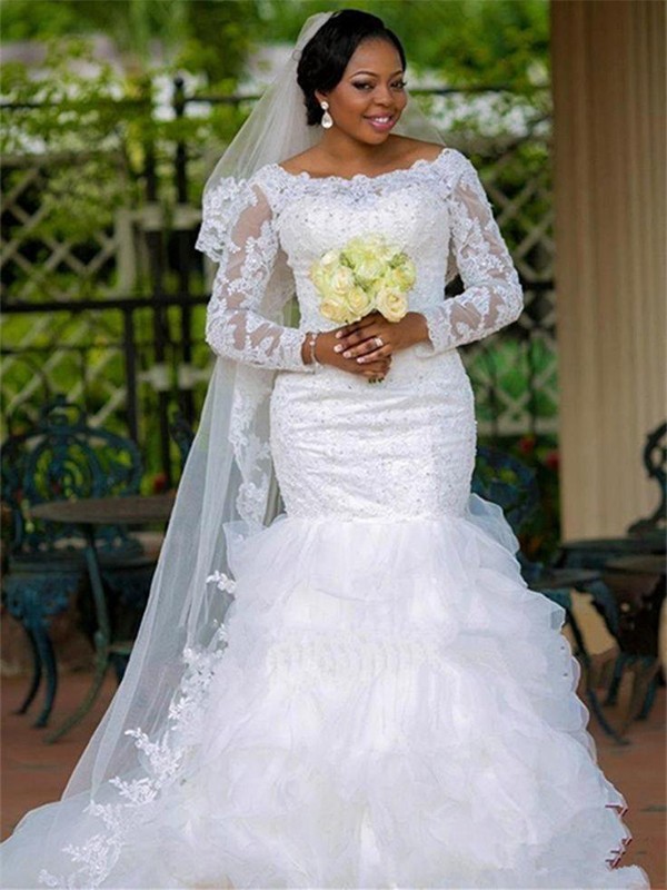 Trumpet/Mermaid Square Applique Organza Long Sleeves Chapel Train Wedding Dresses 1672