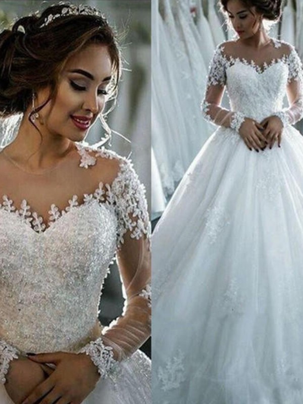 Ball Gown Applique Tulle Scoop Long Sleeves Court Train Wedding Dresses 1171