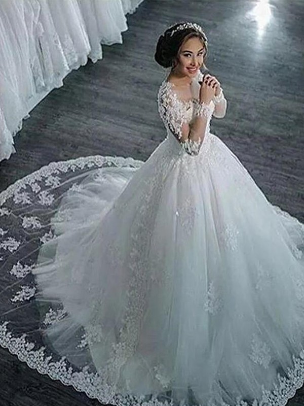 Ball Gown Applique Tulle Scoop Long Sleeves Court Train Wedding Dresses 1171