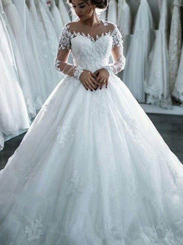 Ball Gown Applique Tulle Scoop Long Sleeves Court Train Wedding Dresses 1171