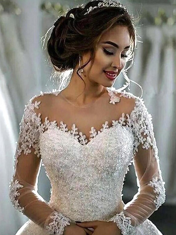 Ball Gown Applique Tulle Scoop Long Sleeves Court Train Wedding Dresses 1171