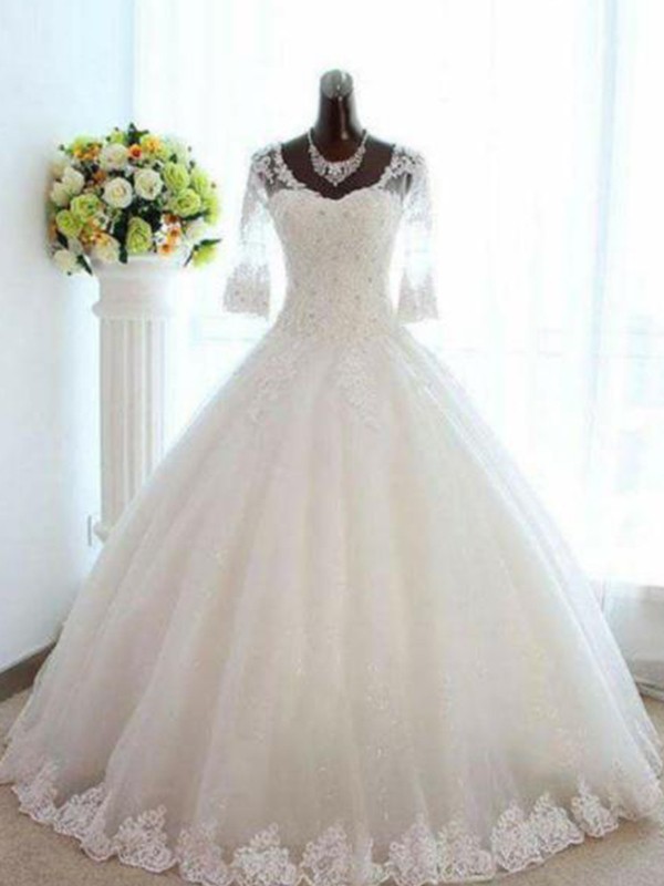 Ball Gown V-neck Beading Tulle 3/4 Sleeves Bateau Floor-Length Wedding Dresses 1323