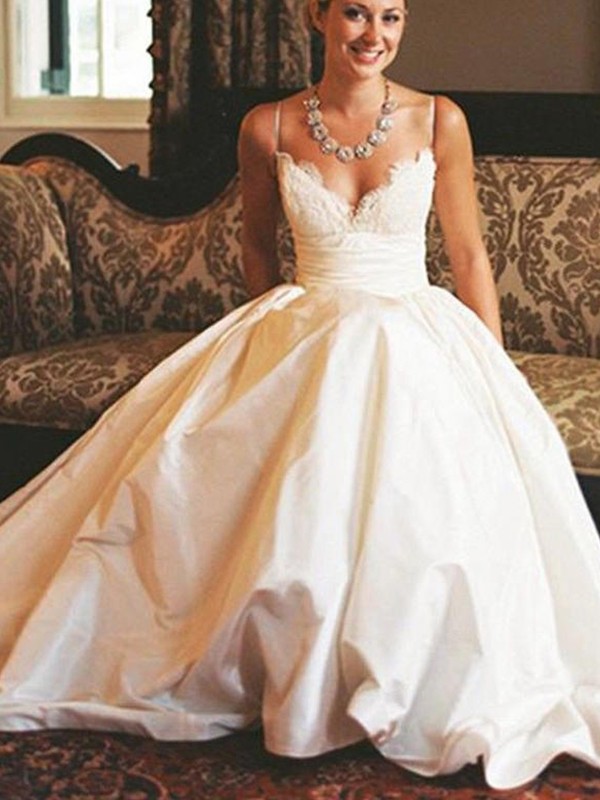 A-Line/Princess V-neck Satin Ruched Sleeveless Sweep/Brush Train Wedding Dresses 1143